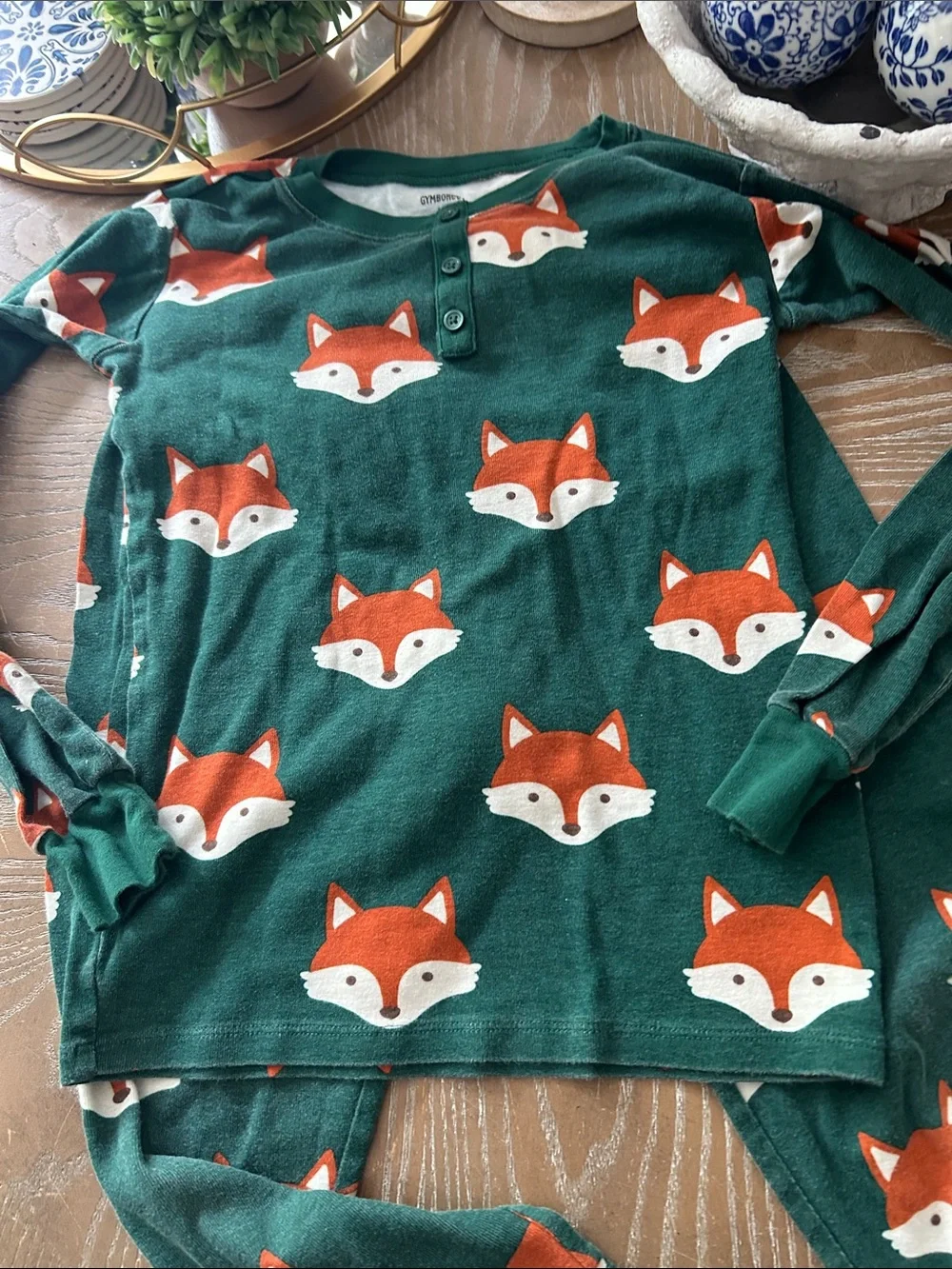 Fall Harvest Gymboree Green Woodland Forest Fox Print Henley Pajama Set Size 12